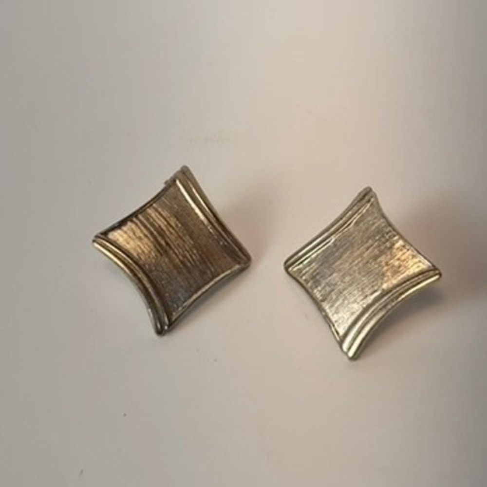 Vintage Stud Earrings Silver Tone Textured Diamond Curved Post Boho Minimalist